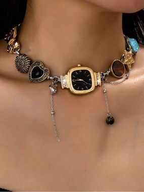 Black Watch Charm Necklace Gold Silver Y2K Statement Choker